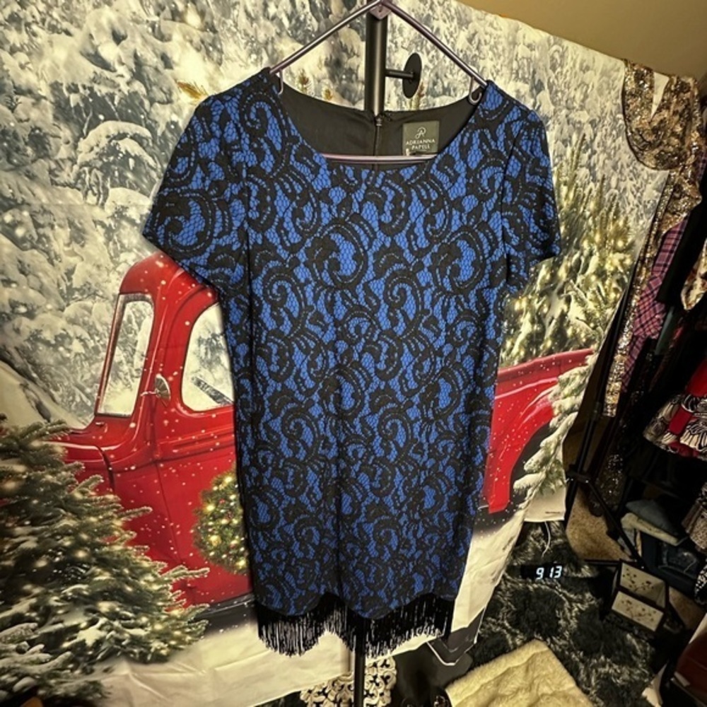 Adrianna Papell Pacific Blue All Over Lace Fringe Hem Sheath Dress Flapper Style